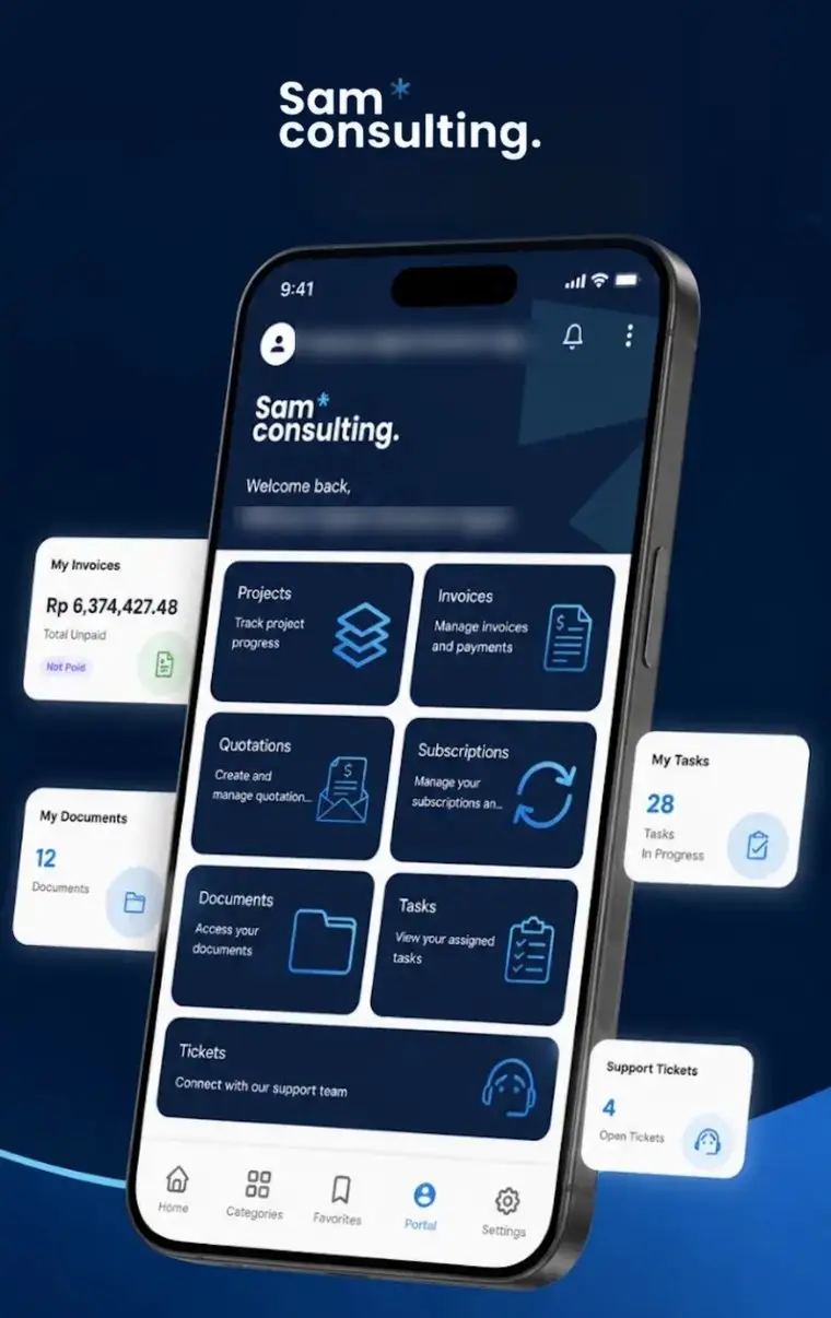 تطبيق سام للاستشارات: بوابة العملاء لمتابعة المشاريع والفواتير والمستندات والتذاكر